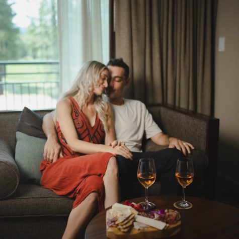 A couple enjoys a romantic getaway at Edgewood Tahoe Resort.